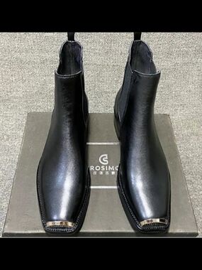 Mens Real Leather High-top Chelsea Metal Square Toe Ankle Boots